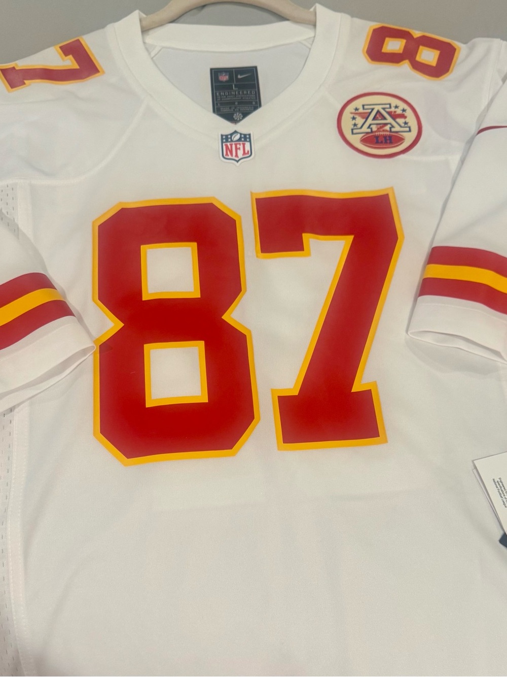 Nike Travis Kelce White Football Jersey with Red & Gold #87 Patch